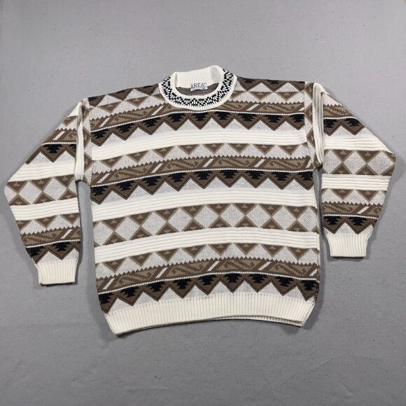 Vintage Sweater Men Medium Aztec Crewneck 80s Heavyweight Baggy Beige